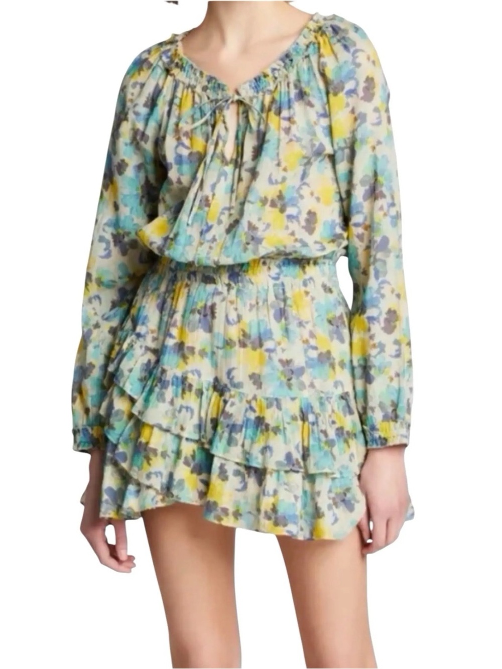 LoveShackFancy Rayna Dress Açaí Berry Blue Yellow Floral Ruffle Mini XL
